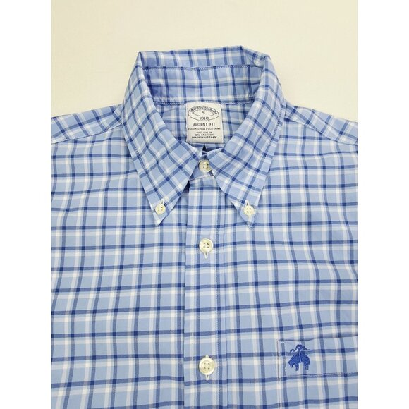 Brooks Brothers Regent Fit Small Mens Blue White Check Embroidered Logo Shirt - Picture 1 of 8